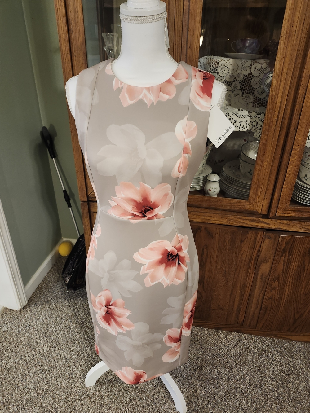 Calvin Klein Taupe Midi Dress with Pink Floral Print